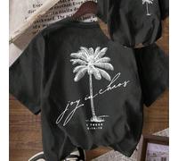 Shein Camiseta de mujer de algodón 100% de ajuste holgado con cuello redondo y manga corta, con estampado de árbol de coco "Joy in Chaos", suave y cómoda, e