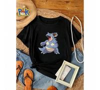 Shein Camiseta de mujer de algodón azul con estampado de la serie Pokémon Cubone, ligeramente elástica, ropa urbana gráfica, transpirable, unisex, estilosa,