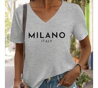 Shein Camiseta de mujer de cuello en V informal con estampa de letras en negro minimalista