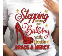 Shein Camiseta de mujer de cuello redondo con estampado de brillo temático religioso de cumpleaños "Entra en mi cumpleaños con la gracia y la misericordia d