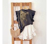 Shein Camiseta de mujer de cuello redondo con puños con volantes, de algodón 100% con estampado de leopardo, estilo minimalista, regalo para amigas