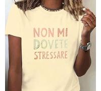 Shein Camiseta de mujer de cuello redondo elegante de manga corta - Negro con gran texto en italiano "Non Mi Dovete Stressare", camiseta casual de mujer par