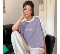 Shein Camiseta de mujer de manga corta con bloqueo de color e impresión de letras ABRAZANDO EL OCIO FUTURO LA VIDA ES UNA CADENA DE MOMENTOS DE DISFRUTE, NO