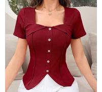 Shein Camiseta de mujer de manga corta con cuello en forma de corazón, bajo con abertura lateral, ajustada, de color liso acanalado, para el verano