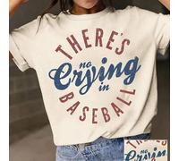 Shein Camiseta de mujer de manga corta con cuello redondo y estampado de eslogan de verano "NO HAY LLANTO EN EL BÉISBOL", blusas gráficas para mujeres