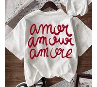Shein Camiseta de mujer de manga corta, cuello redondo, 100% algodón, estilo casual y holgado, con estampado romántico y artístico "Amor Amour Amore", suave