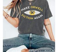 Shein Camiseta de mujer de manga corta y cuello redondo con estampado gráfico del lema "Hacer que Orwell sea ficción de nuevo", de estilo casual y sencillo