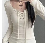 Shein Camiseta de mujer de manga larga con cuello en V, gris, con nudo delantero, cruzada, ajustada, de punto acanalado y cintura ceñida