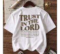 Shein Camiseta de mujer de moda casual con estampado de la frase "True In The Lord" de cuello redondo y manga corta, estilo minimalista para primavera y ver
