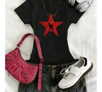 Shein Camiseta de mujer de puro algodón slim fit, "Rock Five-Pointed Star", adecuada para festivales de música, con estampado de rock, hot girl, top 100% al