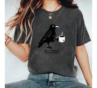 Shein Camiseta de mujer de talla grande "Hola oscuridad, mi vieja amiga" con estampado de cuervo peculiar - Cuello redondo casual, manga corta, ajuste cómod