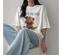 Shein Camiseta de mujer de verano con cuello redondo y hombros caídos, de corte holgado con estampado de oso de dibujos animados "NO SEAS TÍMIDO, POR FAVOR