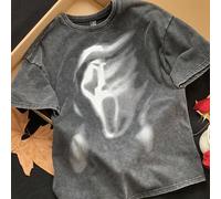 Shein Camiseta de mujer de verano con estampado de cara de fantasma en negro lavado con ácido y tejido de punto