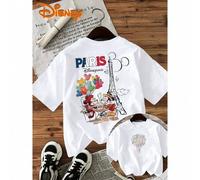 Shein Camiseta de mujer Disney con mangas cortas 100% con patrones de globos y texto en Disneyland París con Mickey, Minnie y la Torre Eiffel. Camisetas de