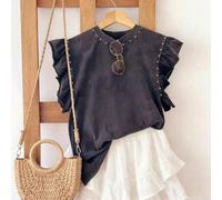 Shein Camiseta de mujer estilo artesanal con remaches, 100% algodón, moda minimalista, cuello redondo con volantes, regalo para amigas