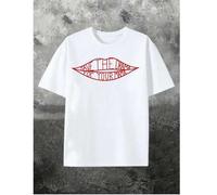 Shein Camiseta de mujer, ropa de mujer, con estampado de labios rojos y "Guarda el drama para tu mamá", camiseta estampada, cuello redondo regular, tela tra