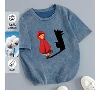 Shein Camiseta de mujer talla grande con estampado vintage de Caperucita Roja y el Lobo, de cuello redondo y manga corta, casual, adecuada para uso diario e