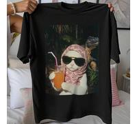 Shein Camiseta de mujer talla grande con estampado vintage que dice "Just a Chill Girl", camiseta con estampado de gato y meteoro, camiseta casual unisex co