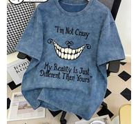 Shein Camiseta de mujer talla grande, cuello redondo, lavado vintage, con estampado de texto "No estoy loca", para uso casual diario y de viaje, camiseta gr