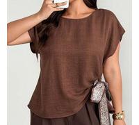 Shein Camiseta de mujer talla grande estilo de Oriente Medio con patchwork de tela de punto, cuello redondo, corte y holgado, casual, moda, cómoda, chic, ve