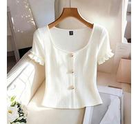 Shein Camiseta de mujer talla grande estilo francés puro deseo, cuello cuadrado, vintage, elegante, de punto acanalado, casual, suave, lujosa, primavera ver