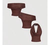 Shein Camiseta de mujer versátil de lunares de malla, top marrón, look de otoño/invierno, estilo occidental, top casual, top lindo, top de lunares, top marr