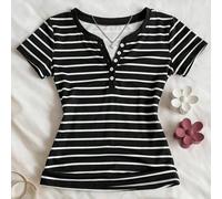 Shein Camiseta de niña preadolescente con botones, media cartera y contraste de color a rayas