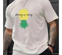 Shein Camiseta de piña para hombre con gráfico "Sharing is Caring" (camiseta informal de verano), cuello redondo, 220 g/m², para verano, de puro algodón, ma