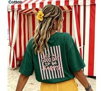 Shein Camiseta de punto casual para mujer de manga corta con hombros caídos, cuello redondo y estampado del eslogan 'It's A Good Day To Be Happy', perfecta