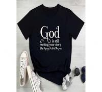 Shein Camiseta de punto de algodón casual con cuello redondo, estampado inspirador "Dios sigue siendo" para mujer, de estilo elegante, para primavera y ver