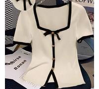 Shein Camiseta de punto de mujer con manga corta casual, botones metálicos, lentejuelas y lazo, cuello redondo, ideal para verano y vacaciones (patrones ale