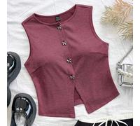 Shein Camiseta de punto jacquard de cuello redondo color tinto con decoración de botón de mariposa y abertura lateral, ropa de Navidad para mujer, Año Nuevo