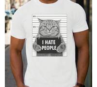 Shein Camiseta de San Valentín "I Hate People" con foto de gato para hombre, 1 pieza, cuello redondo, informal, algodón puro grueso de 220 g/m²