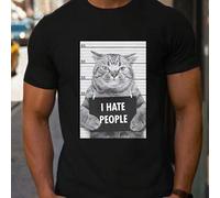 Shein Camiseta de San Valentín "I Hate People" con foto de gato para hombre, 1 pieza, cuello redondo, informal, algodón puro grueso de 220 g/m²