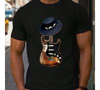 Shein Camiseta de San Valentín para hombre con guitarra de blues americano de 1959, 1 pieza, cuello redondo, informal, de algodón puro grueso de 220 g/m².