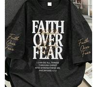 Shein Camiseta de talla grande con estampado de eslogan cristiano inspirador "Fe sobre el miedo", negro lavado vintage, casual de verano