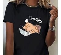 Shein Camiseta de Talla Grande "Estoy Bien" con Estampado Divertido de Gato Gordo, Algodón Puro, Manga Corta, Estilo Casual Holgado de Verano, Adecuada para