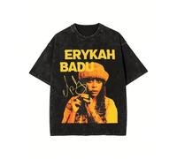 Shein Camiseta de Talla Grande para Hombres con Estampado de Personaje Erykah Badu, Cantante de Soul Vintage, Estilo Callejero