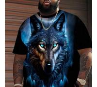 Shein Camiseta de talla grande para hombres con gráfico realista de cabeza de lobo, efecto degradado azul, camiseta de manga corta con diseño fashionable y
