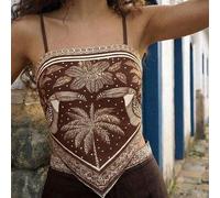 Shein Camiseta de tirantes con escote en V y espalda con cordones, estampado tropical bohemio con flores, árboles de coco y tucanes, para mujer, casual, par