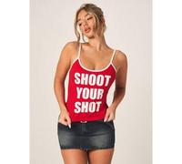 Shein Camiseta de tirantes con estampado rojo y blanco, con eslogan "Shoot Your Shot", diseño gráfico, sin mangas, informal y de verano. Jersey deportivo y