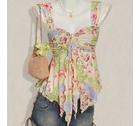 Shein Camiseta de tirantes con pliegues y estampado floral para vacaciones, conjunto de ropa de mujer para el 4 de Julio, blusas de verano lindas para salir