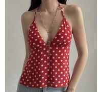 Shein Camiseta de tirantes finos con espalda descubierta y nudo en la espalda, con lunares blancos sobre fondo rojo, adecuada para primavera, verano, festiv