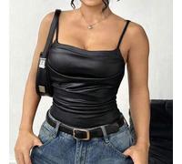 Shein Camiseta de tirantes finos de piel sintética de alta elasticidad y estilo minimalista sexy para mujer talla grande, color rojo Angola