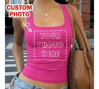 Shein Camiseta de tirantes plisada para mujer - Añade tu diseño, foto, logo, patrón, foto de mascota, foto familiar, top deportivo personalizado para fitnes