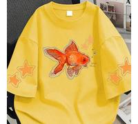 Shein Camiseta de verano casual de cuello redondo con estampado de peces & estrellas para mujer talla grande color amarillo
