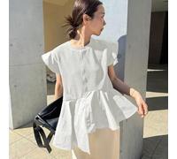 Shein Camiseta de verano casual de unicolor con parte superior holgada, mangas de casquillo y detalle de volantes para mujer