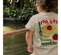 Shein Camiseta de verano casual para bebé/niño pequeño, linda parte superior de manga corta con estampado de pasta "Buon Appetito" en italiano, de algodón s