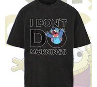 Shein Camiseta de verano de manga corta para hombre Disney Stitch I Don't Make Morning, efecto desgastado, diseño de una sola pieza, tela de algodón puro, c