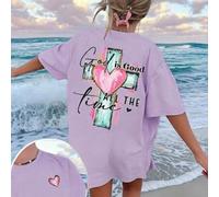 Shein Camiseta de verano de peso ligero con estampado de letras de pincelada y cruz dibujada a mano, "Dios siempre es bueno" Camiseta religiosa cristiana, R